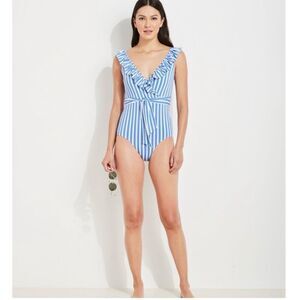 Vineyard Vines Women’s Blue and White Sail Stripe Ruffle One-Piece Swimsuit
